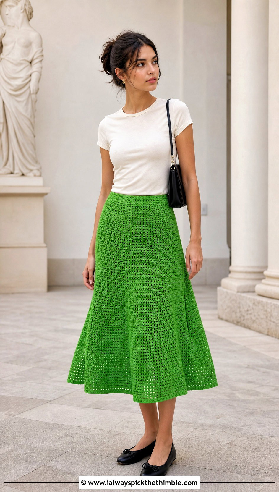 A Line Crochet Skirt With Fitted Tee And Ballet Flats - 20 Simple Crochet Skirt outfit ideas