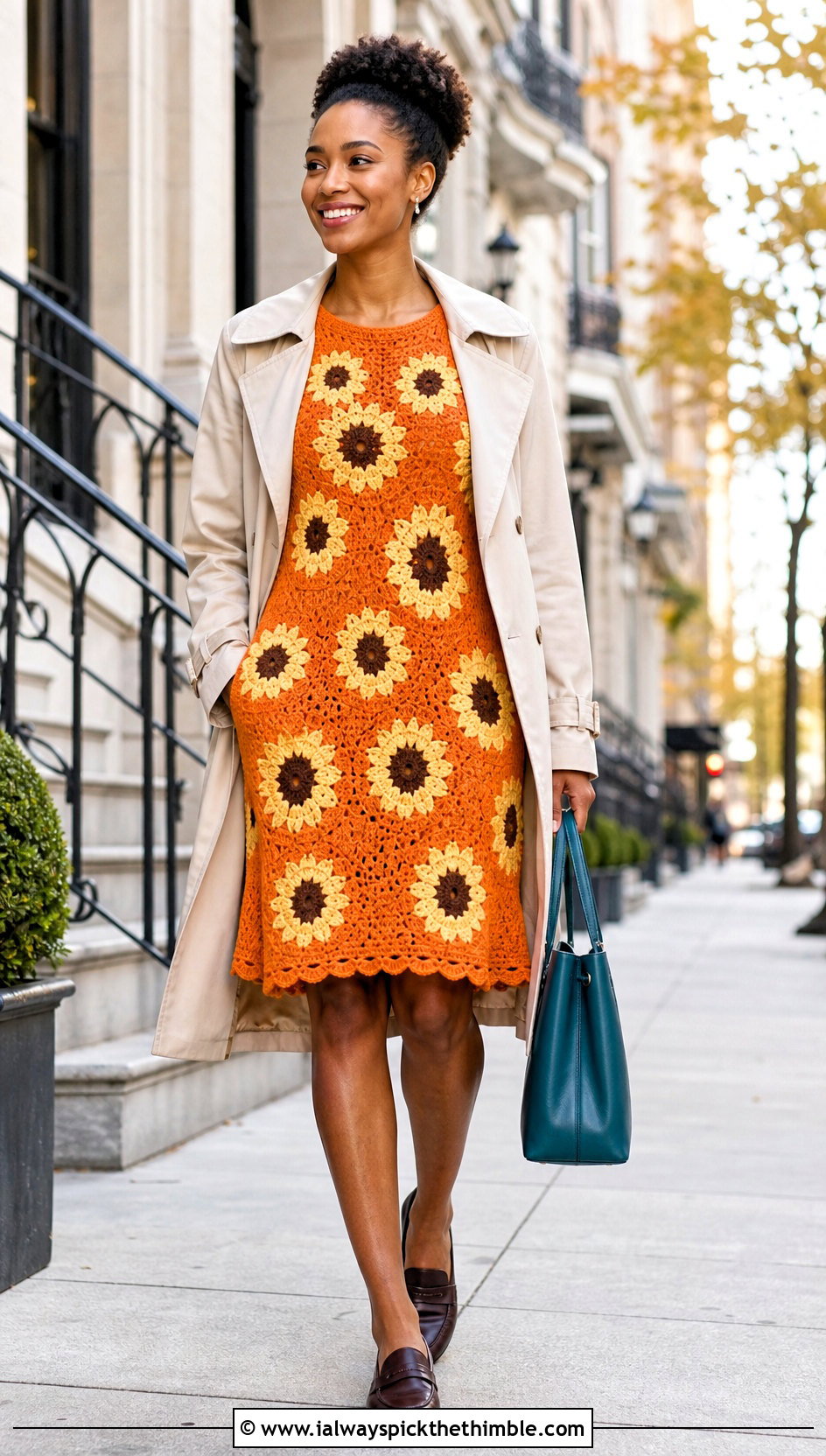 A Line Crochet Sunflower Dress With Trench Coat - 25 crochet sunflower dress outfit ideas