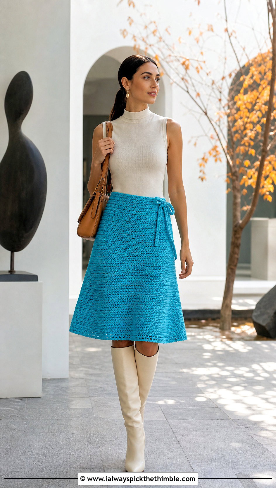 A Line Crochet Tie Skirt With Mock Neck Top - 20 crochet tie skirt outfit ideas