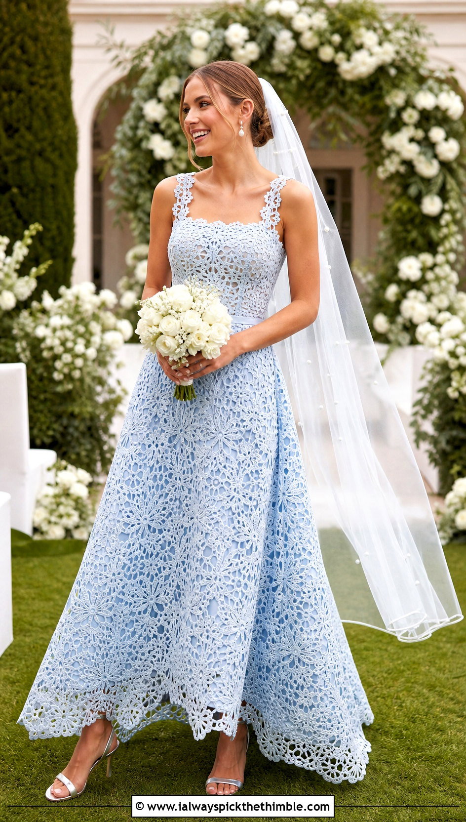 A Line Crochet Wedding Gown With Pearl Veil - 20 crochet wedding dress gowns outfit ideas