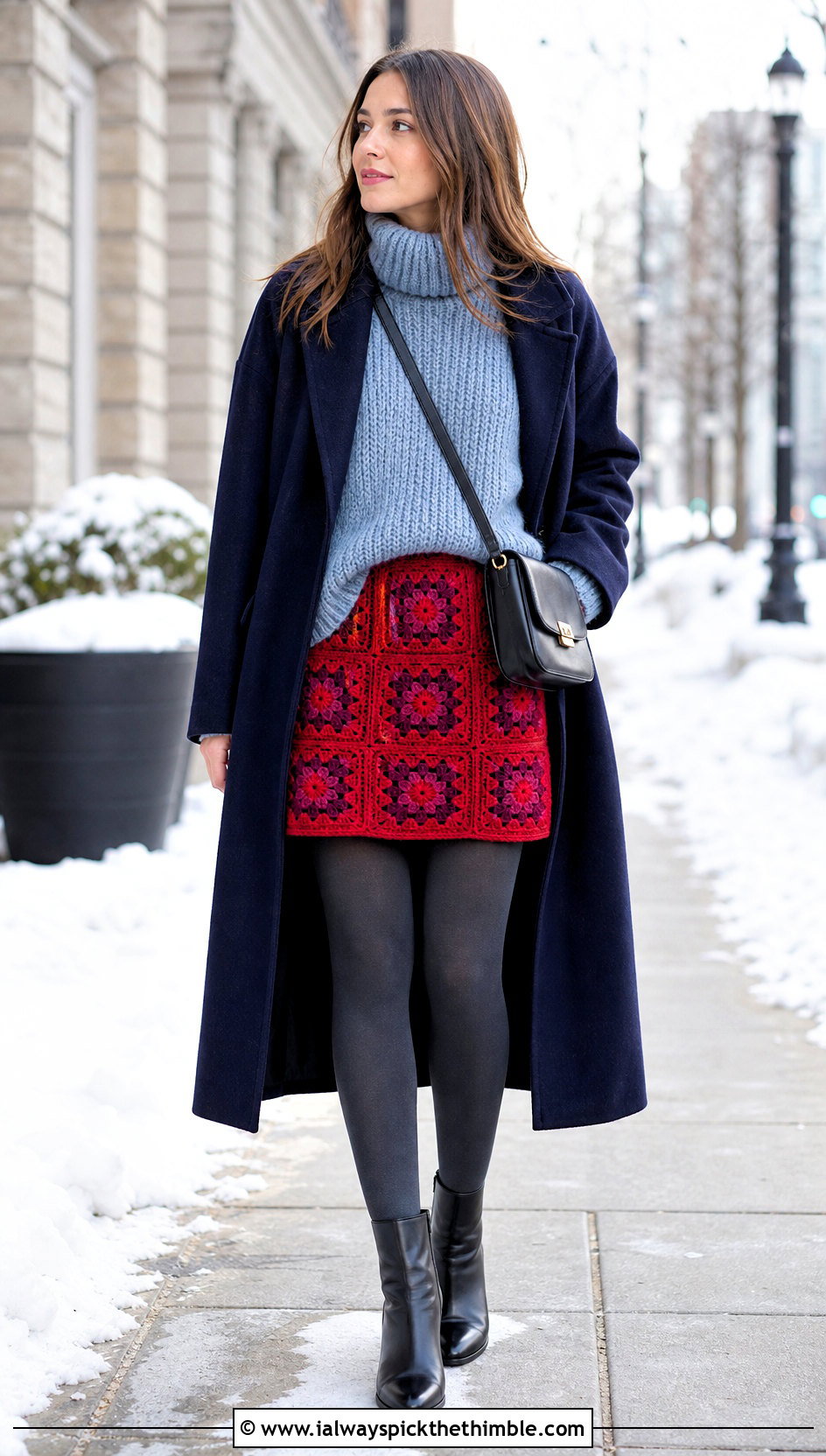 A Line Granny Square Mini Skirt With Chunky Sweater - 20 Crochet Granny Square Mini Skirt outfit ideas