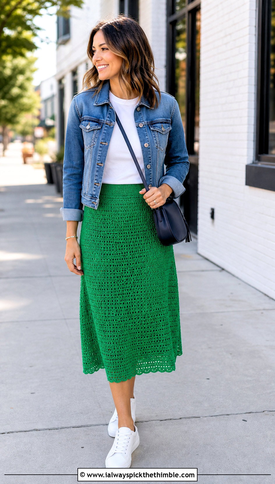 A Line Green Crochet Midi Skirt With Denim Jacket - 25 green crochet skirt outfit ideas