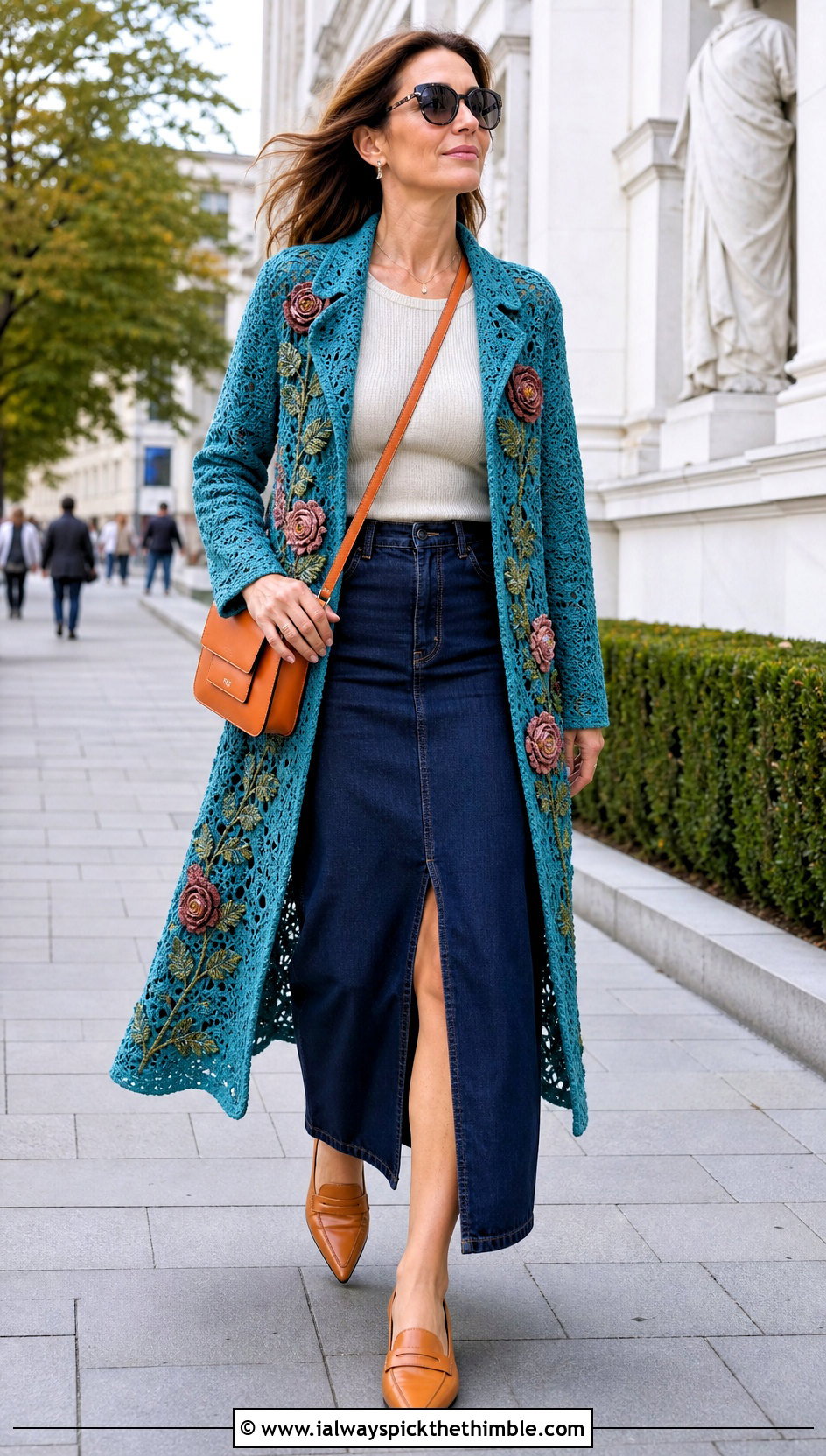 A Line Irish Crochet Coat With Denim Maxi Skirt - 20 irish crochet coat outfit ideas
