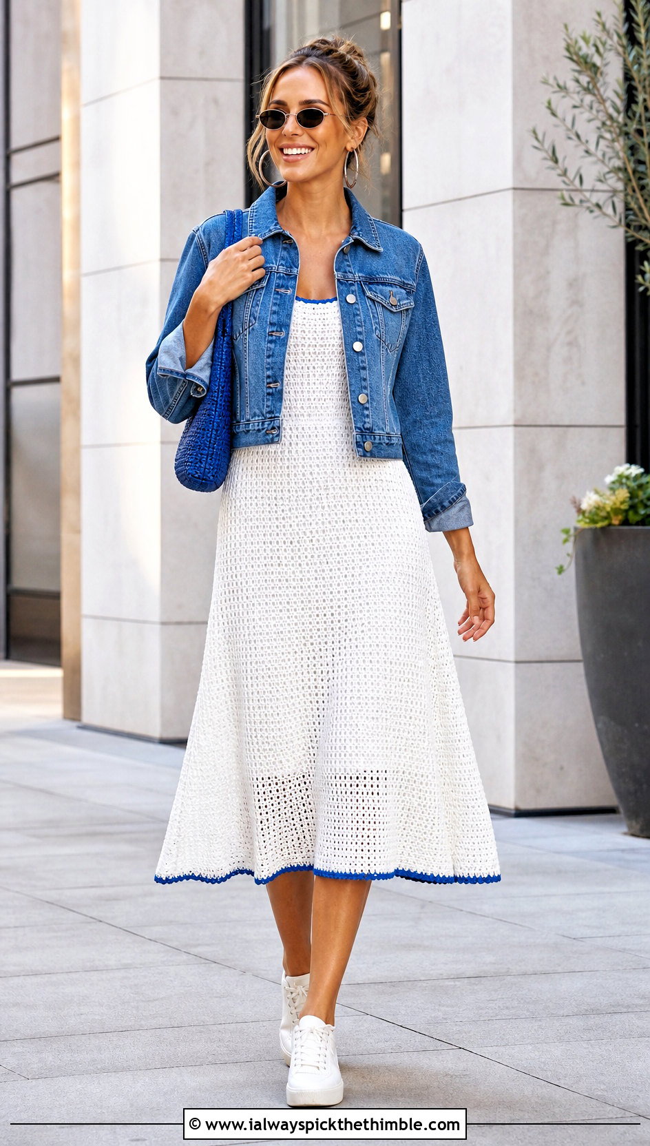 A Line White Crochet Midi Dress With Denim Jacket - 20 White Crochet Midi Dress outfit ideas