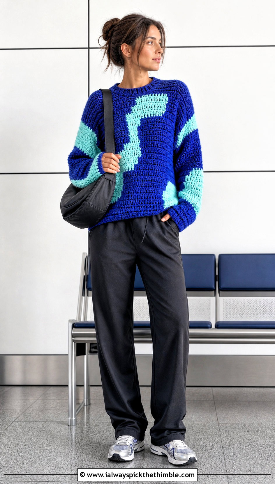 Abstract Block Crochet Sweater With Track Pants - 20 crochet block sweater outfit ideas