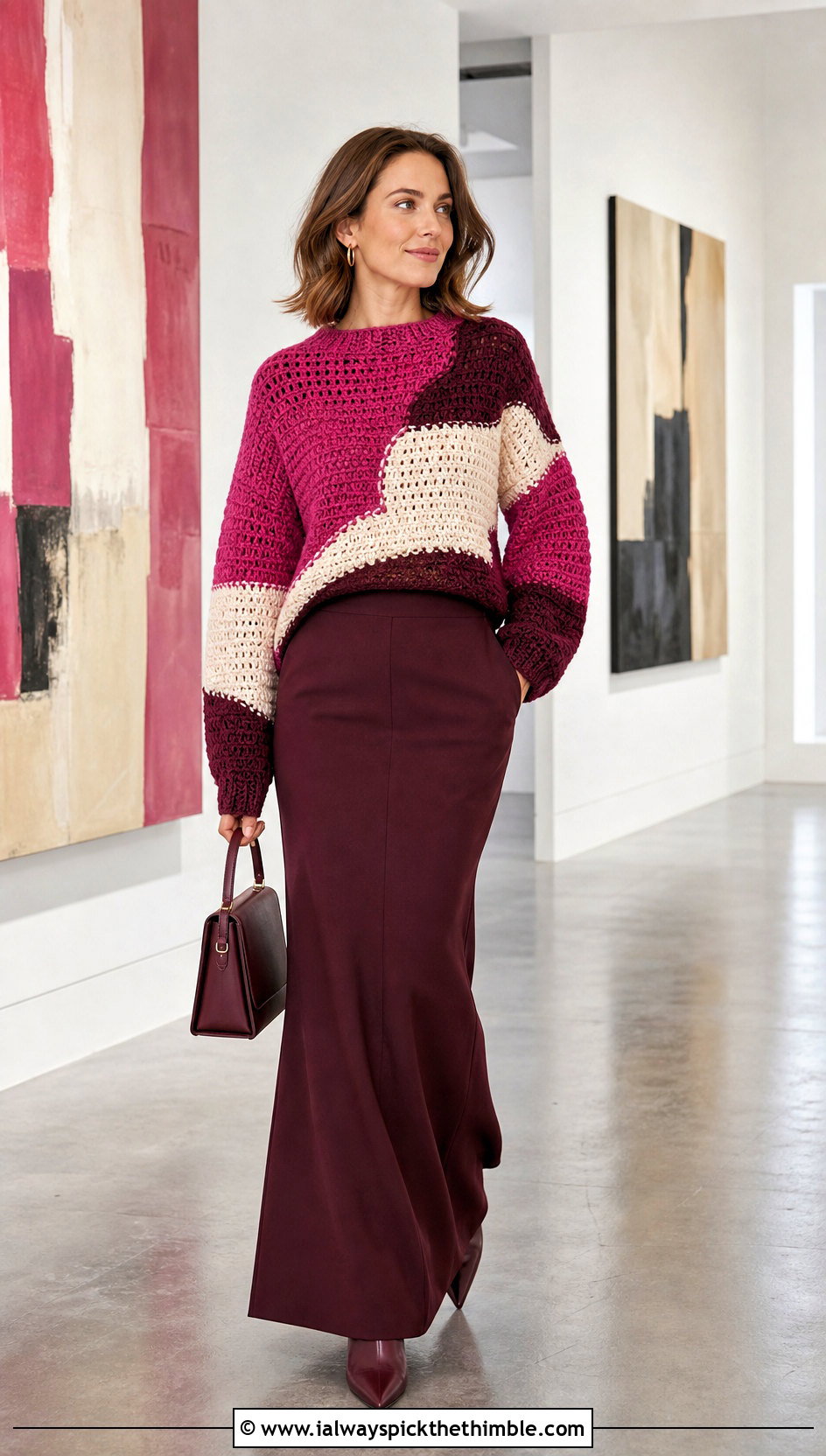Abstract Color Block Crochet Sweater With Tailored Maxi Skirt - 20 Patterned Crochet Sweater outfit ideas