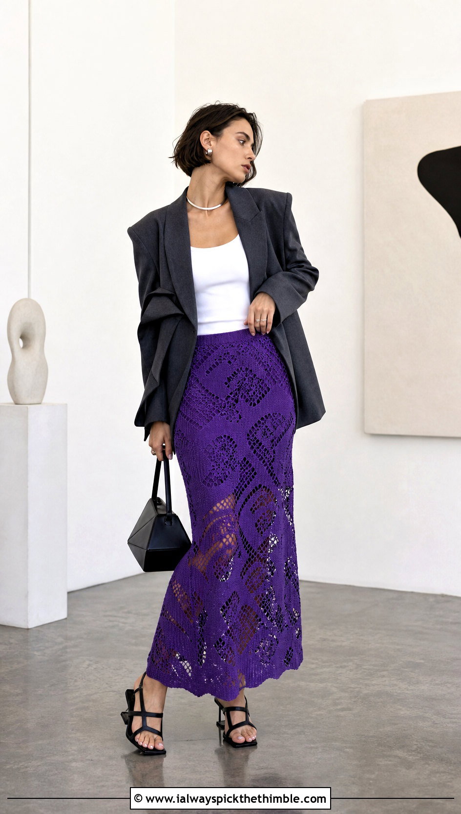 Abstract Filet Crochet Maxi Skirt With Sculptural Blazer - 25 Filet Crochet Skirt outfit ideas