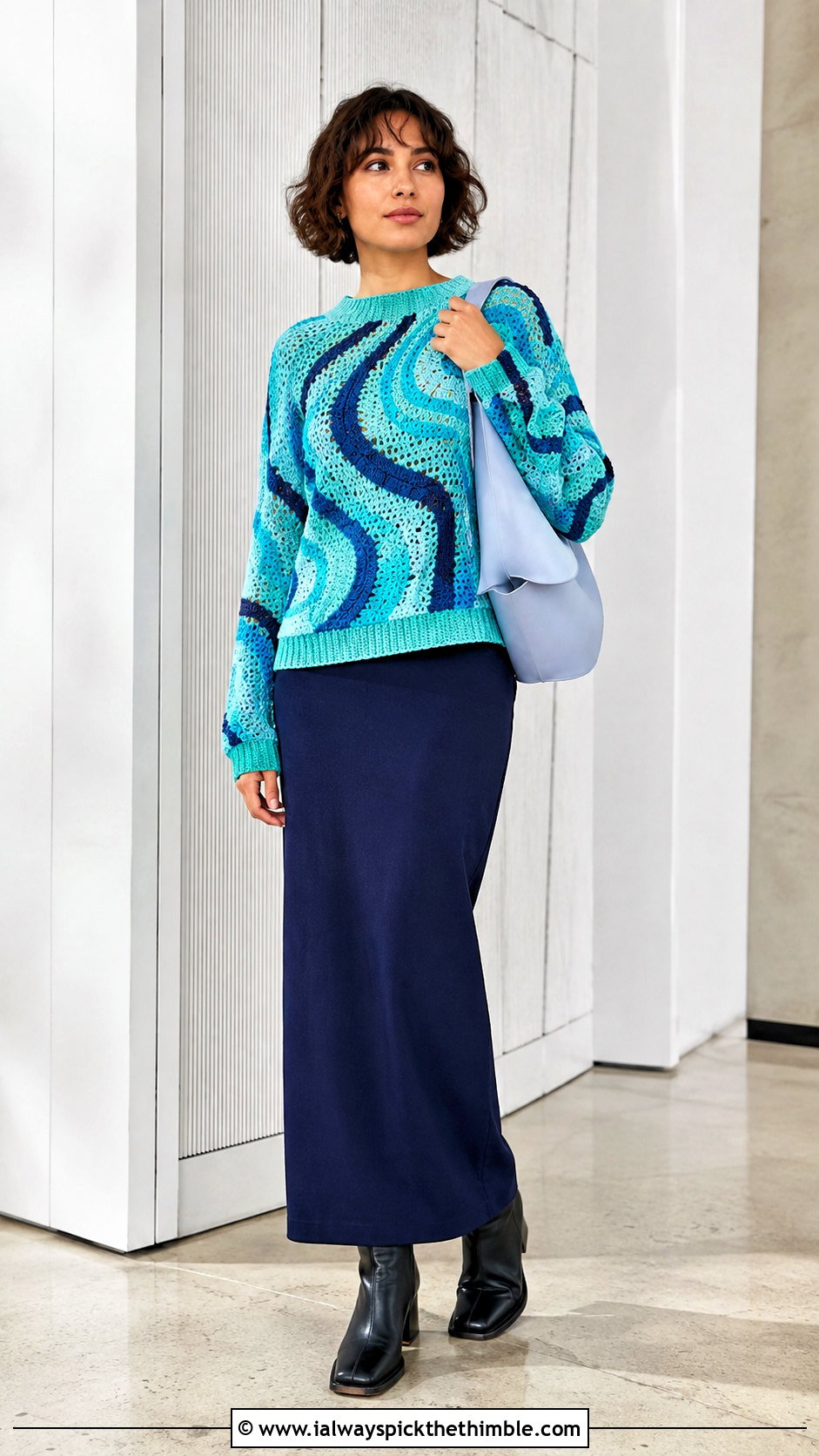 Abstract Swirl Crochet Graphic Sweater With Column Skirt - 20 crochet graphic sweater outfit ideas