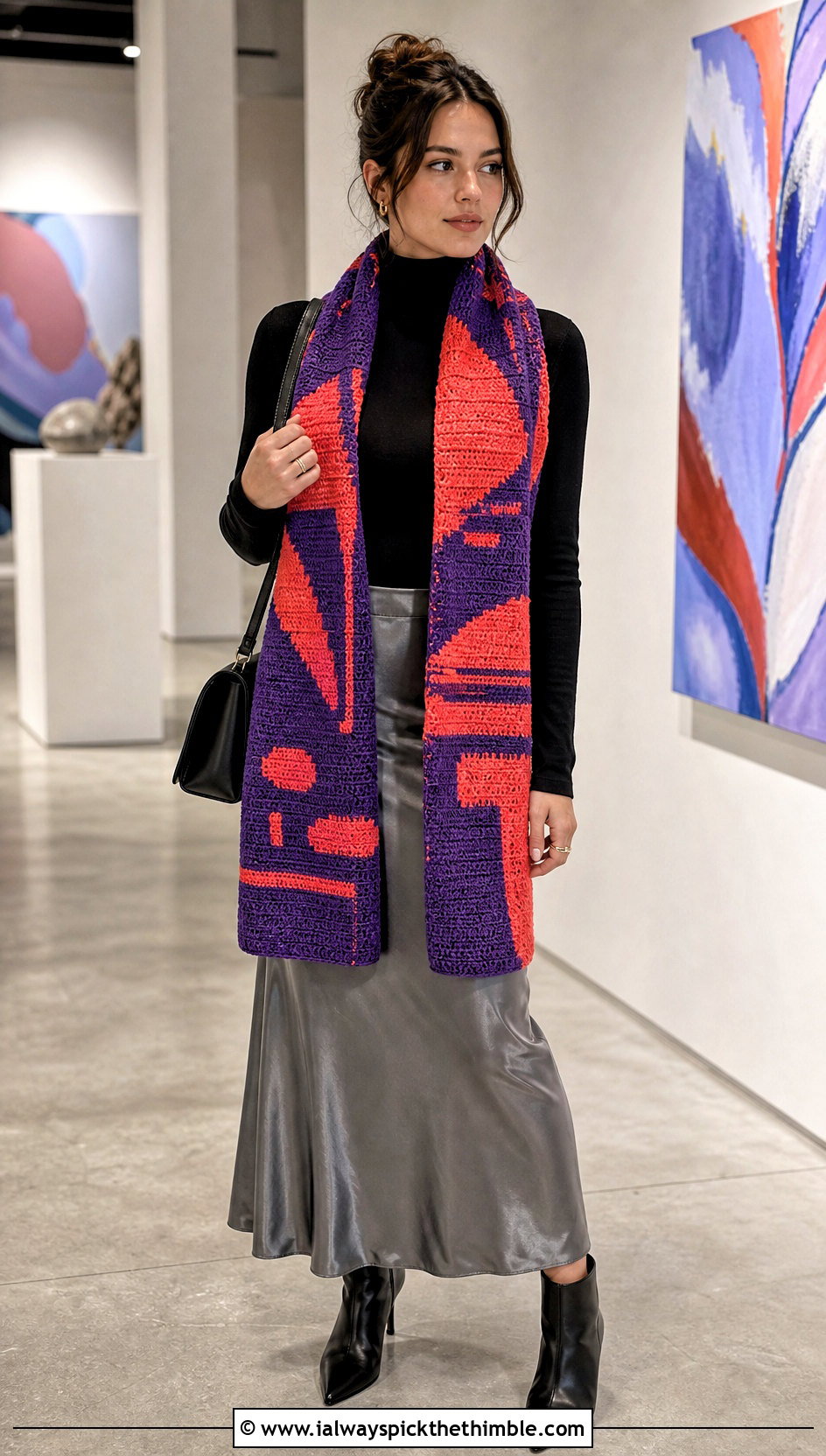Abstract Tapestry Crochet Scarf With Satin Skirt - 25 tapestry crochet scarf outfit ideas