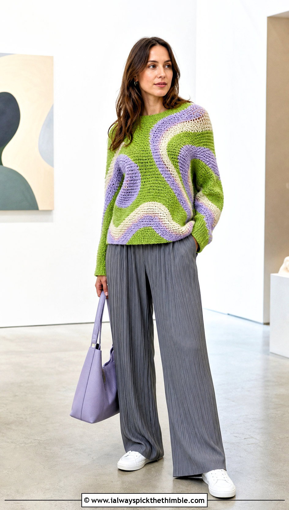 Abstract Wave Tapestry Crochet Jumper With Pleated Pants - 20 Tapestry Crochet Jumper outfit ideas