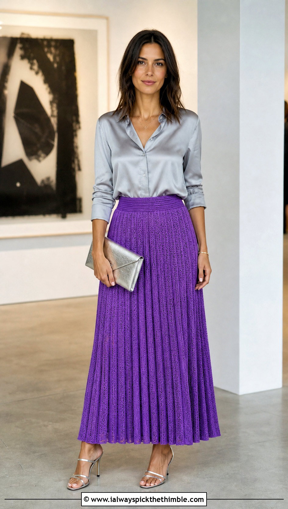 Accordion Crochet Pleated Maxi Skirt With Silk Shirt - 25 crochet pleated skirt outfit ideas