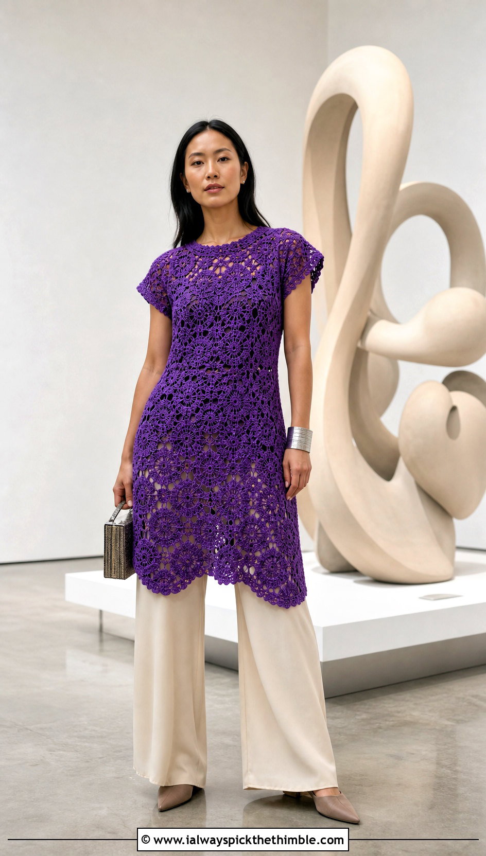 Acorn Crochet Tunic Dress With Wide Leg Trousers - 15 acorns crochet dress outfit ideas