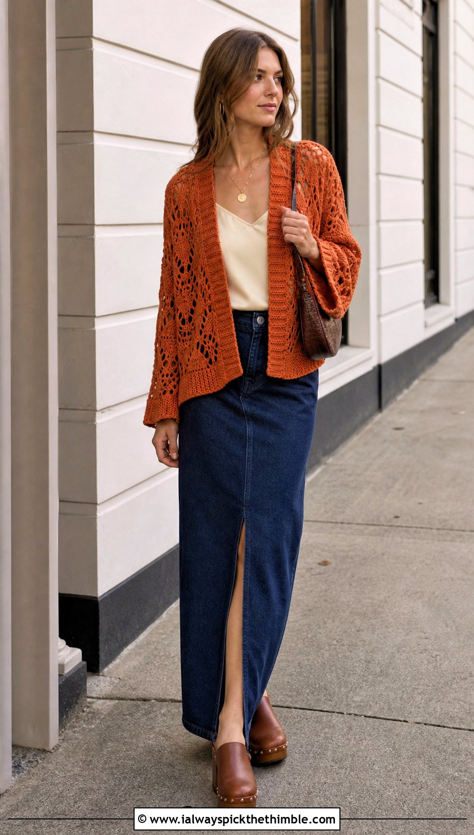 Adelaide Lace Crochet Sweater With Denim Maxi Skirt - 15 adelaide lace crochet sweater outfit ideas