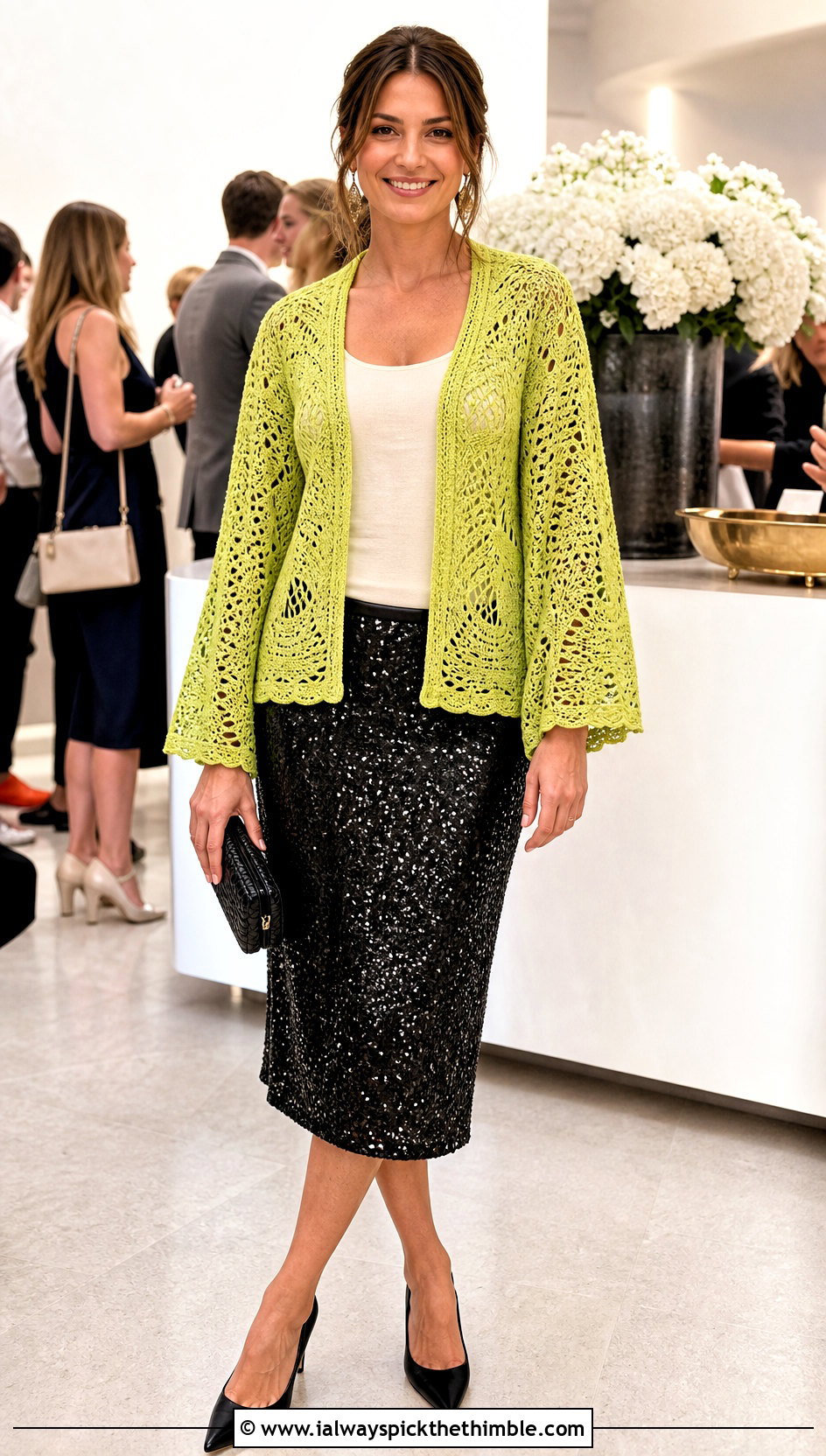 Adelaide Lace Crochet Sweater With Sequin Midi Skirt - 15 adelaide lace crochet sweater outfit ideas
