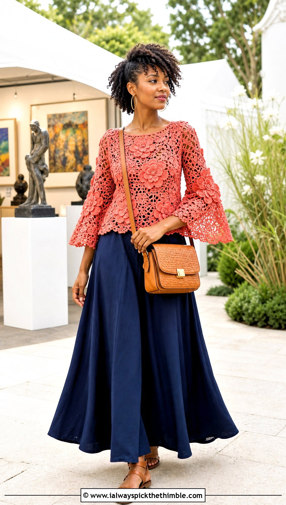 African Flower Bell Sleeve Top With Maxi Skirt - 25 african flower crochet top outfit ideas