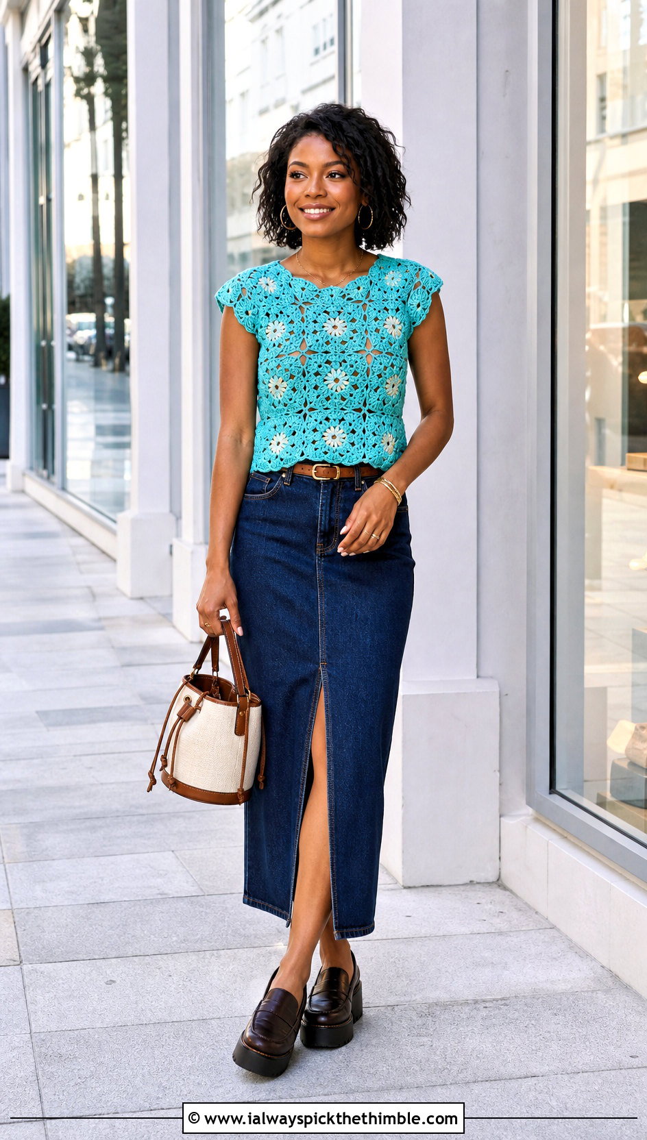African Flower Cap Sleeve Top With Denim Midi Skirt - 25 african flower crochet top outfit ideas