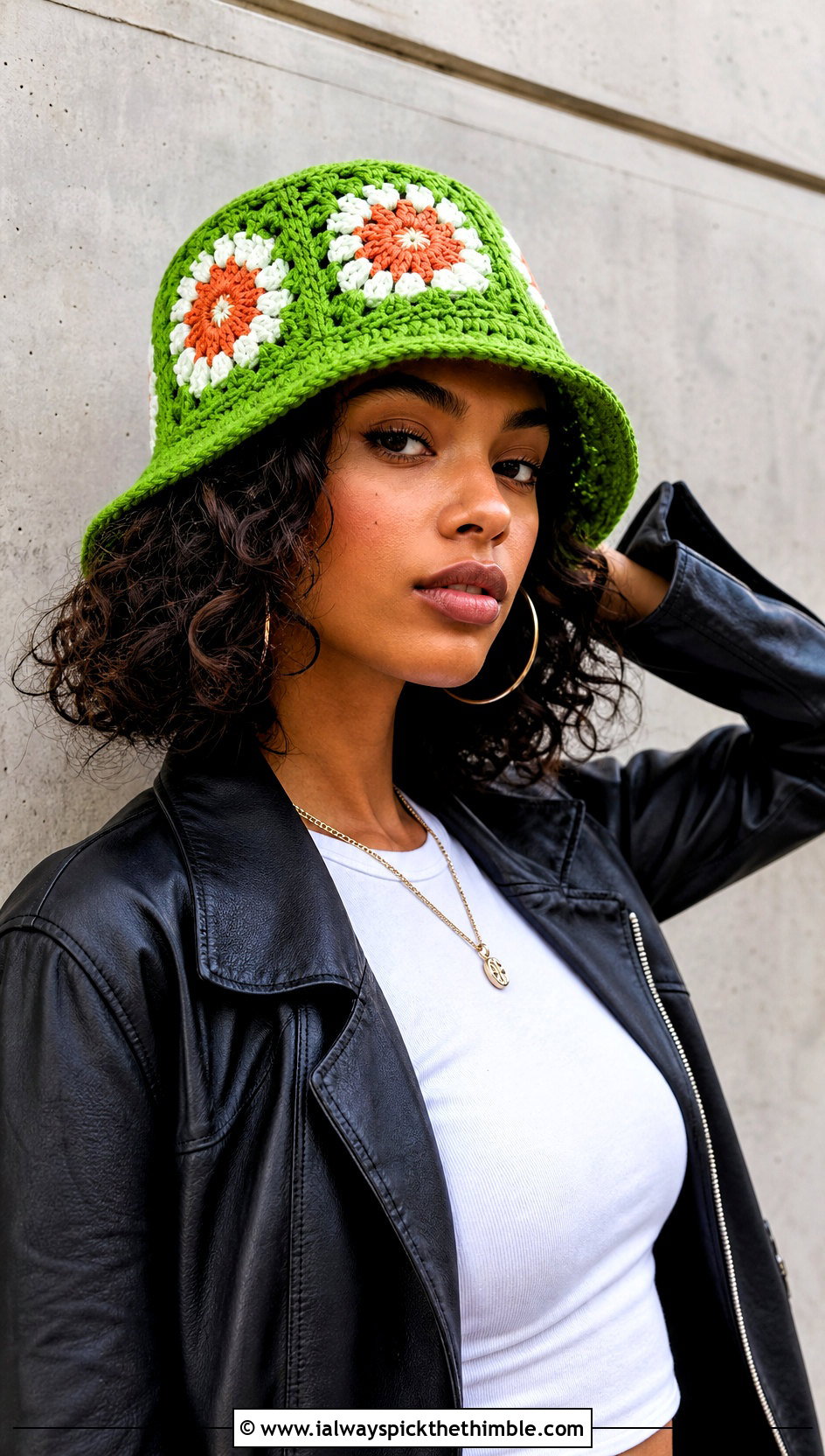 African Flower Crochet Bucket Hat With Leather Jacket - 20 crochet flower hat outfit ideas