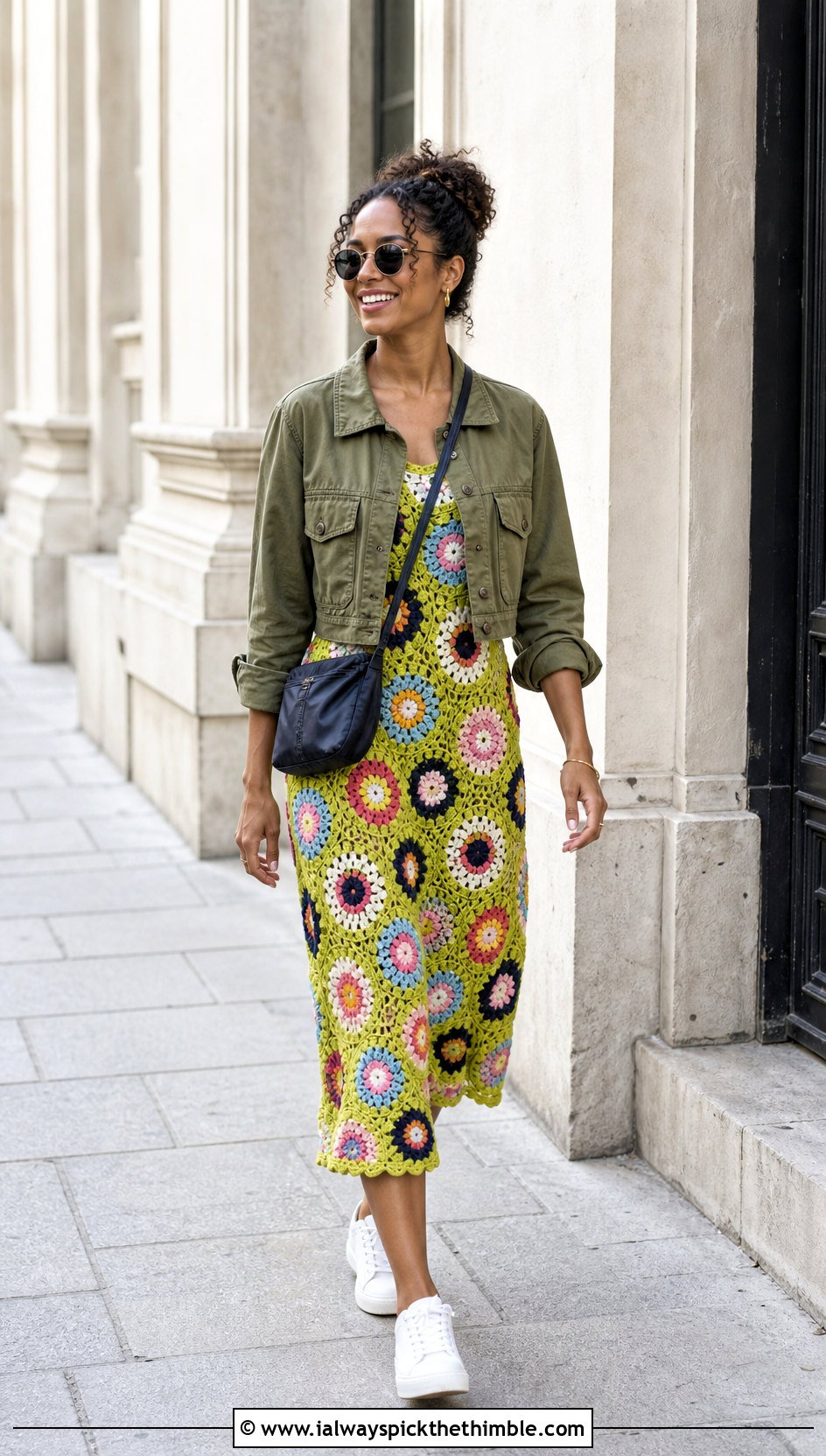 African Flower Crochet Dress With Utility Jacket - 15 vintage floral crochet dress outfit ideas