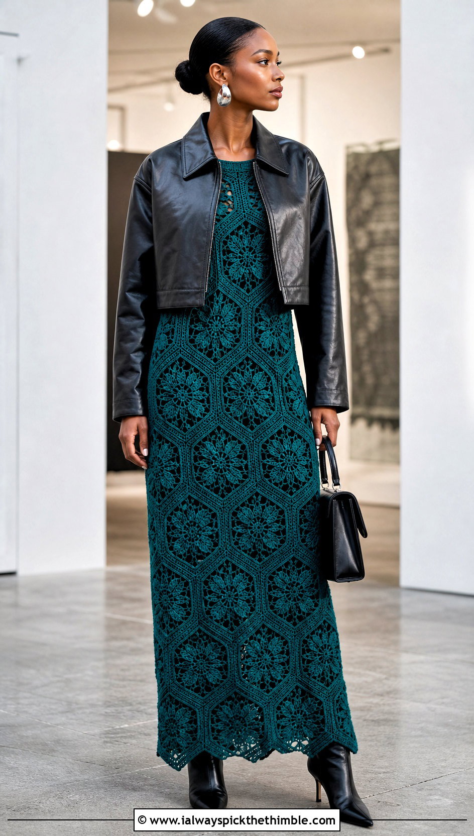 African Flower Crochet Maxi Dress With Leather Jacket - 25 Crochet Flower Dress outfit ideas