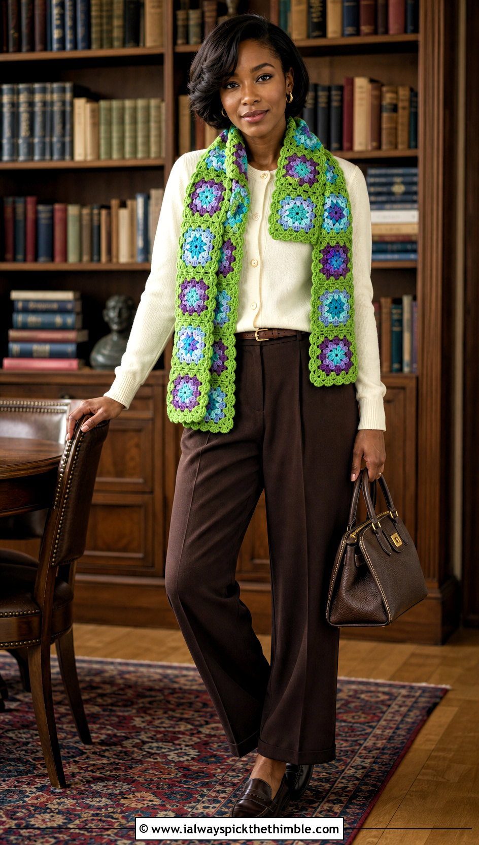 African Flower Crochet Scarf With Cardigan And Pleated Trousers - 20 crochet scarf with flowers outfit ideas