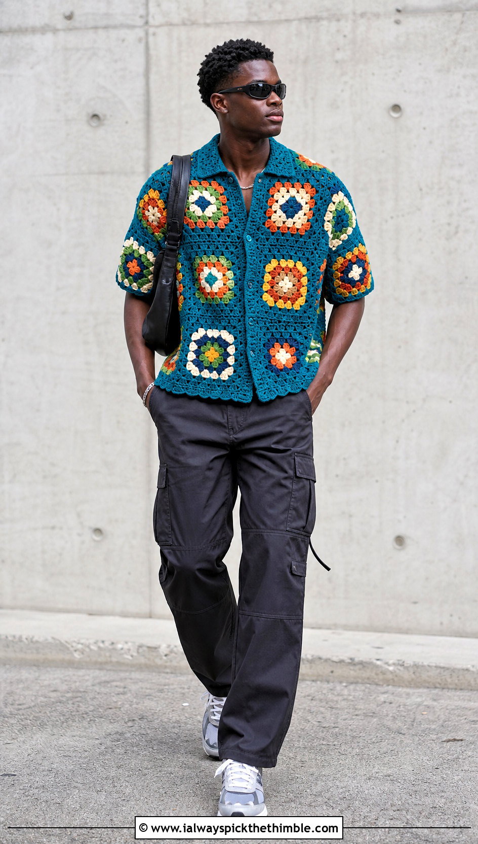 African Flower Crochet Shirt With Cargo Pants - 25 Crochet Flower Shirt outfit ideas