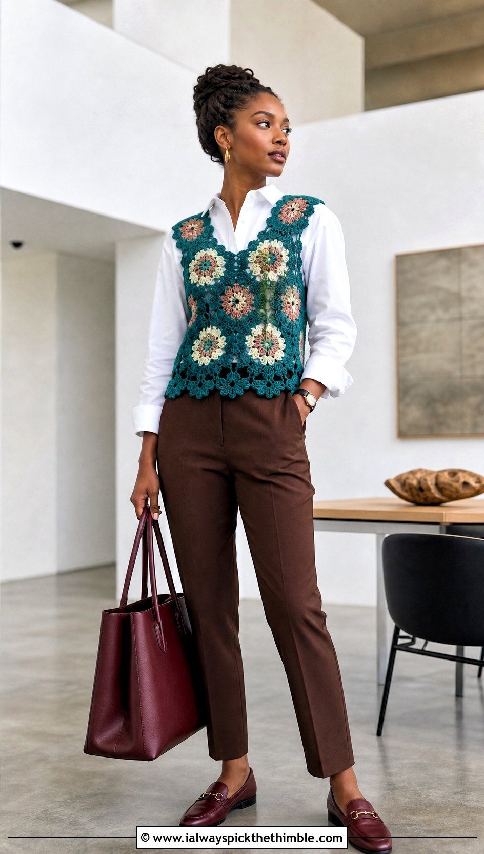 African Flower Crochet Vest Top With Button Down Shirt - 20 flower crochet tops outfit ideas