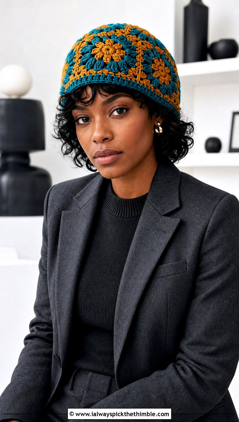 African Flower Granny Square Beanie With Monochrome Suit - 20 granny square beanie outfit ideas