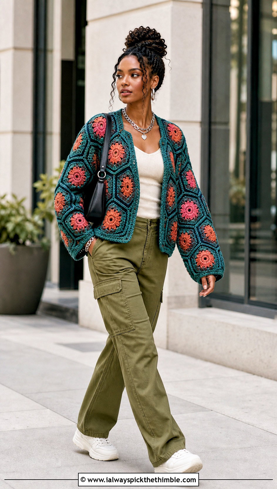 African Flower Granny Square Hexagon Crochet Cardigan With Cargo Pants - 20 Hexagon Crochet Cardigan With Granny Squares outfit ideas