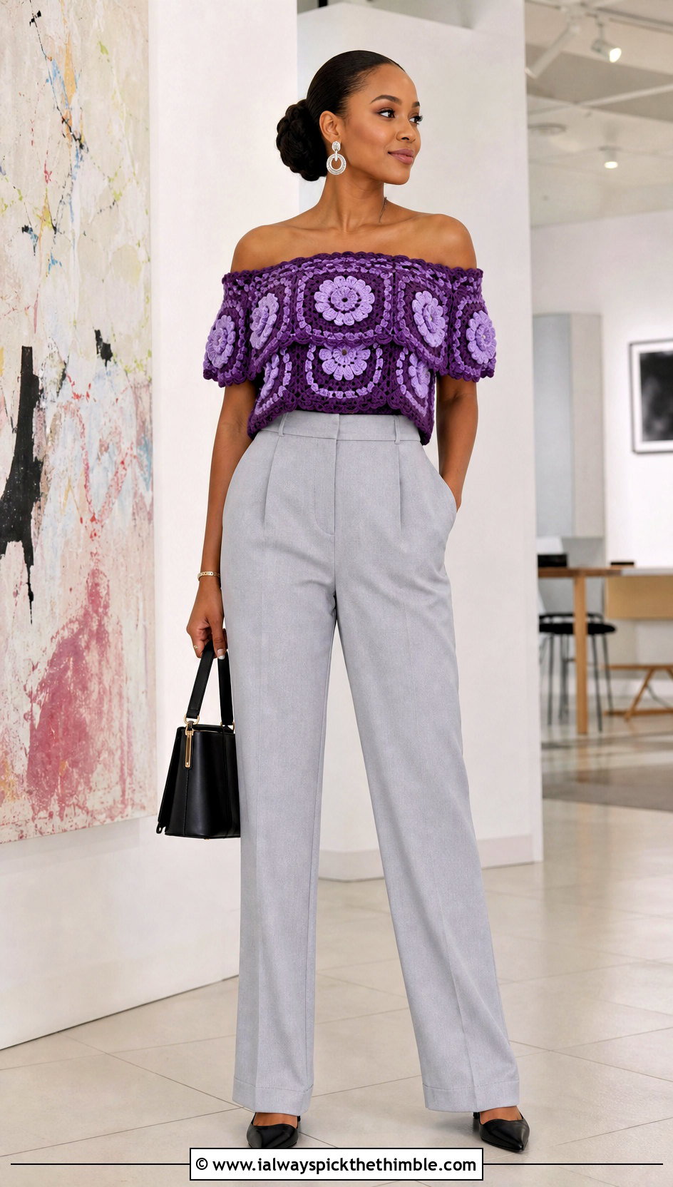 African Flower Granny Square Off The Shoulder Top With Tailored Trousers - 15 Crochet Off The Shoulder Granny Square Top outfit ideas