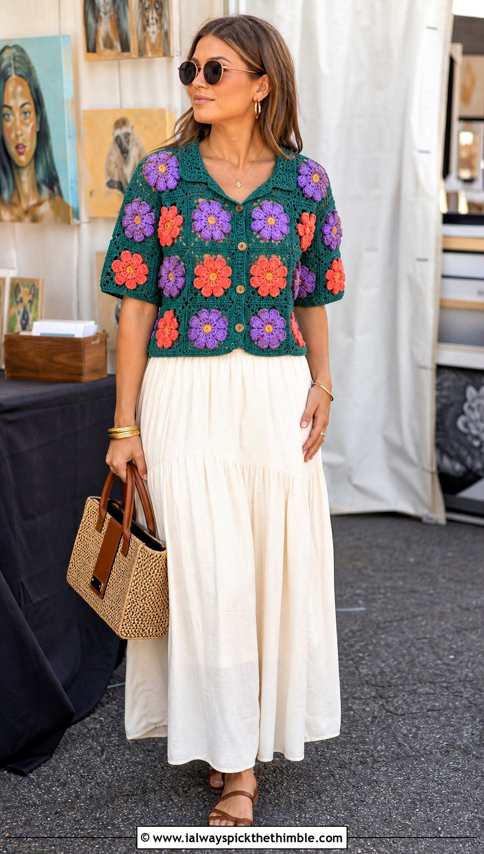 African Flower Granny Square Shirt With Maxi Skirt - 25 granny square shirt outfit ideas