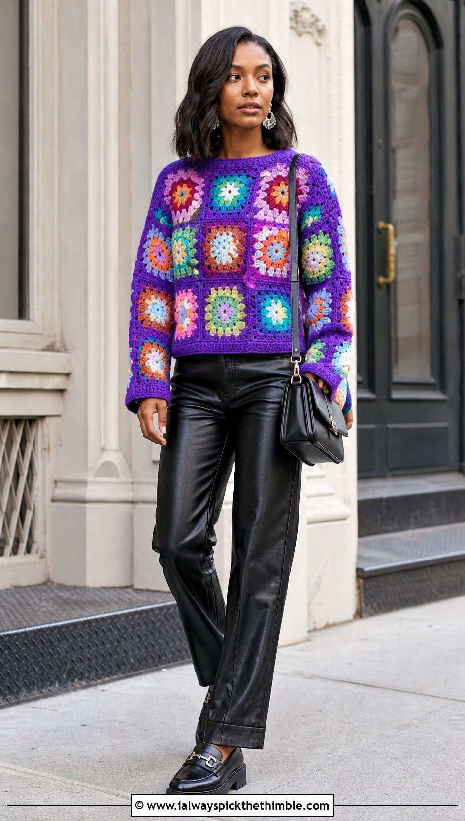 African Flower Granny Square Sweater With Leather Pants - 20 flower granny square sweater outfit ideas