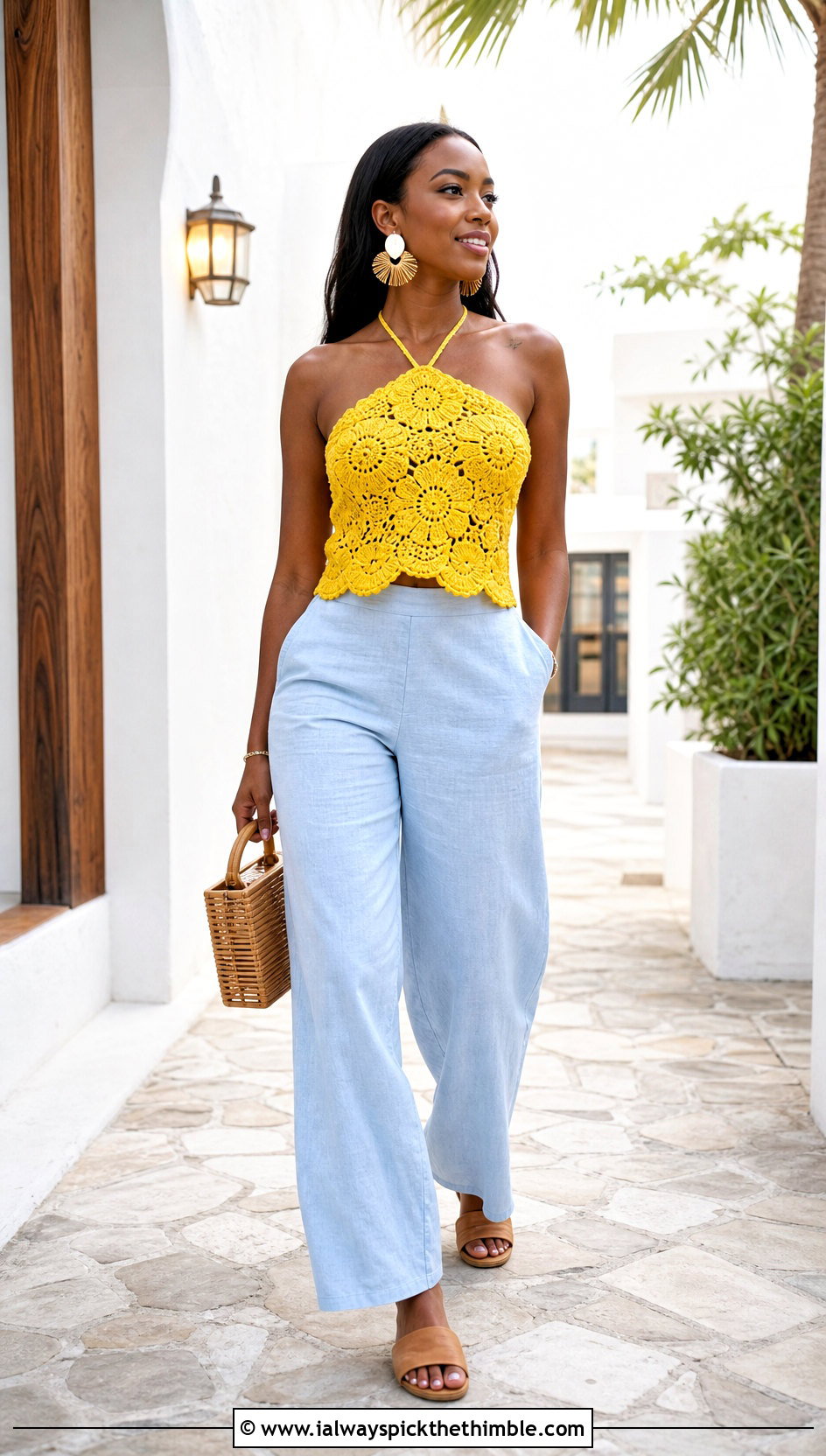 African Flower Halter Top With Linen Trousers - 25 african flower crochet top outfit ideas