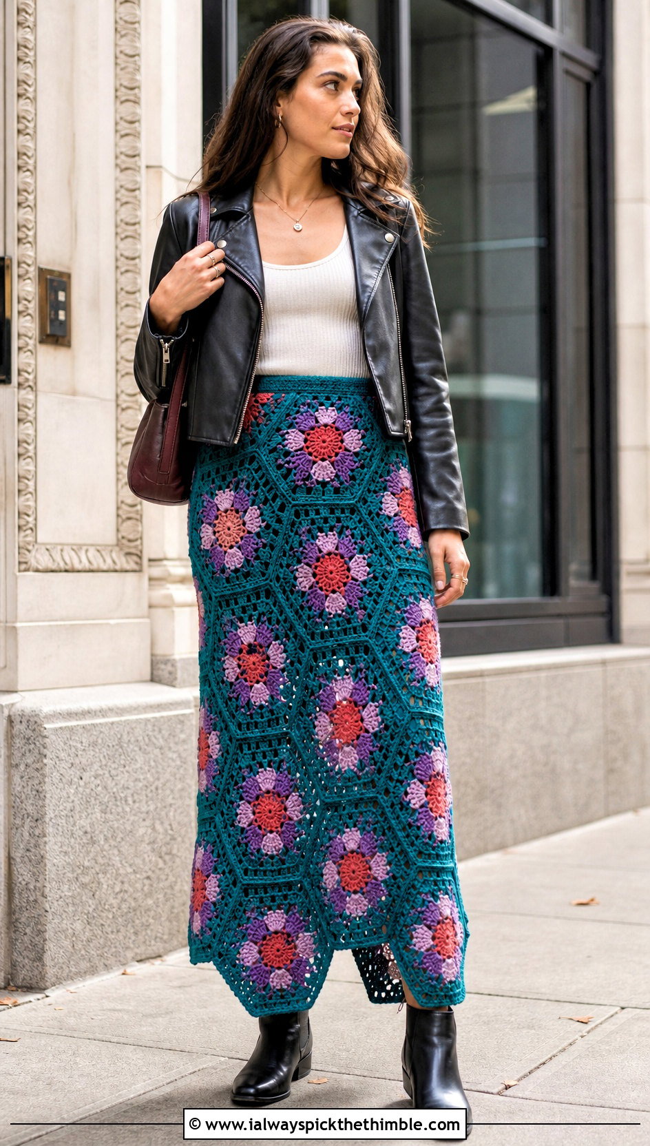 African Flower Hexagon Crochet Skirt With Leather Jacket - 25 crochet flower skirt outfit ideas