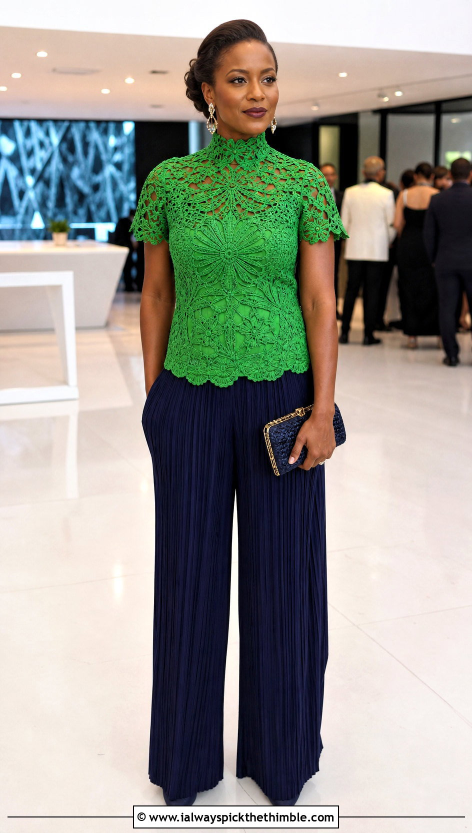 African Flower High Neck Top With Pleated Trousers - 25 african flower crochet top outfit ideas