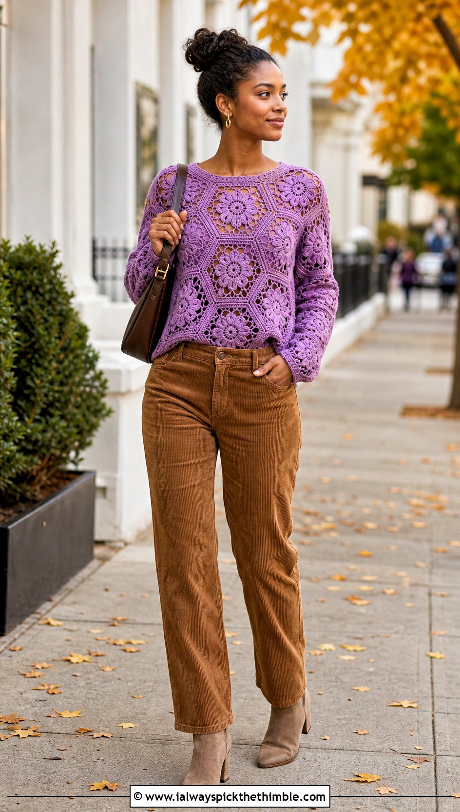 African Flower Long Sleeve Top With Corduroy Pants - 25 african flower crochet top outfit ideas