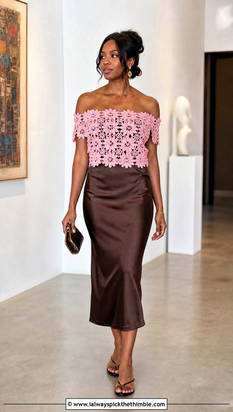 African Flower Off Shoulder Top With Satin Midi Skirt - 25 african flower crochet top outfit ideas