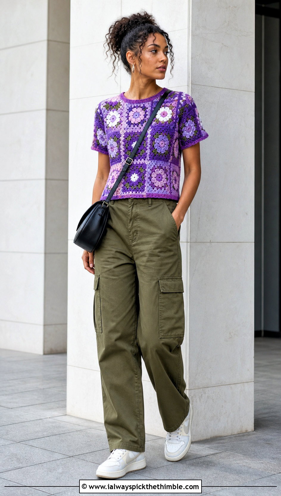 African Flower Patchwork Tee With Cargo Pants - 25 african flower crochet top outfit ideas
