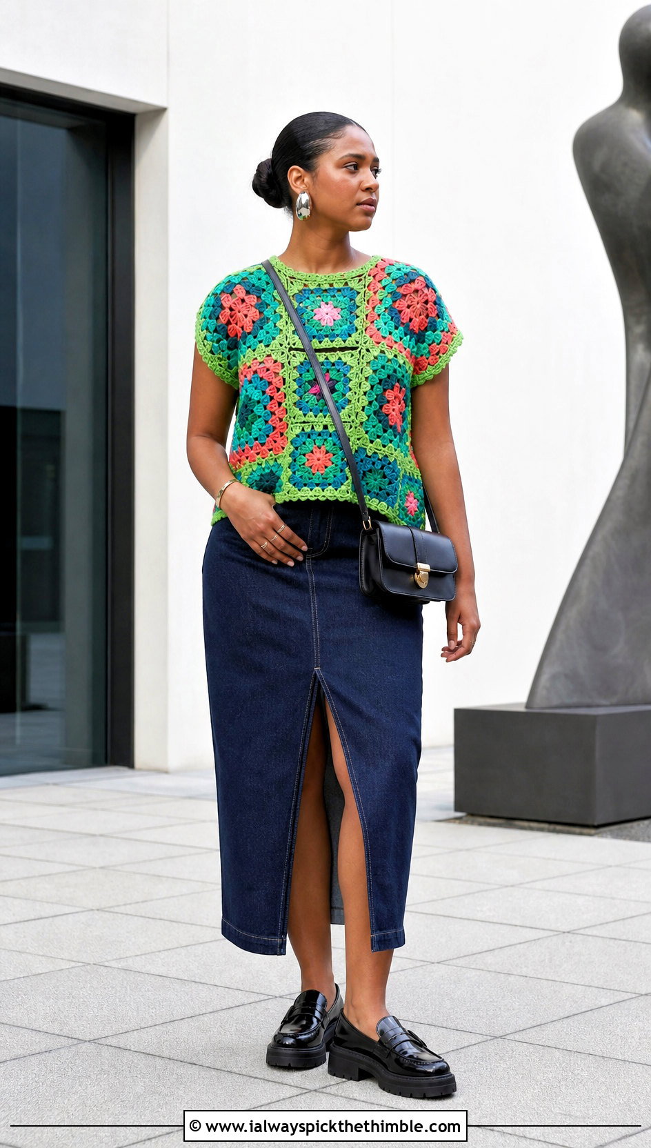 African Flower Square Tee With Denim Midi Skirt - 25 crochet flower top outfit ideas