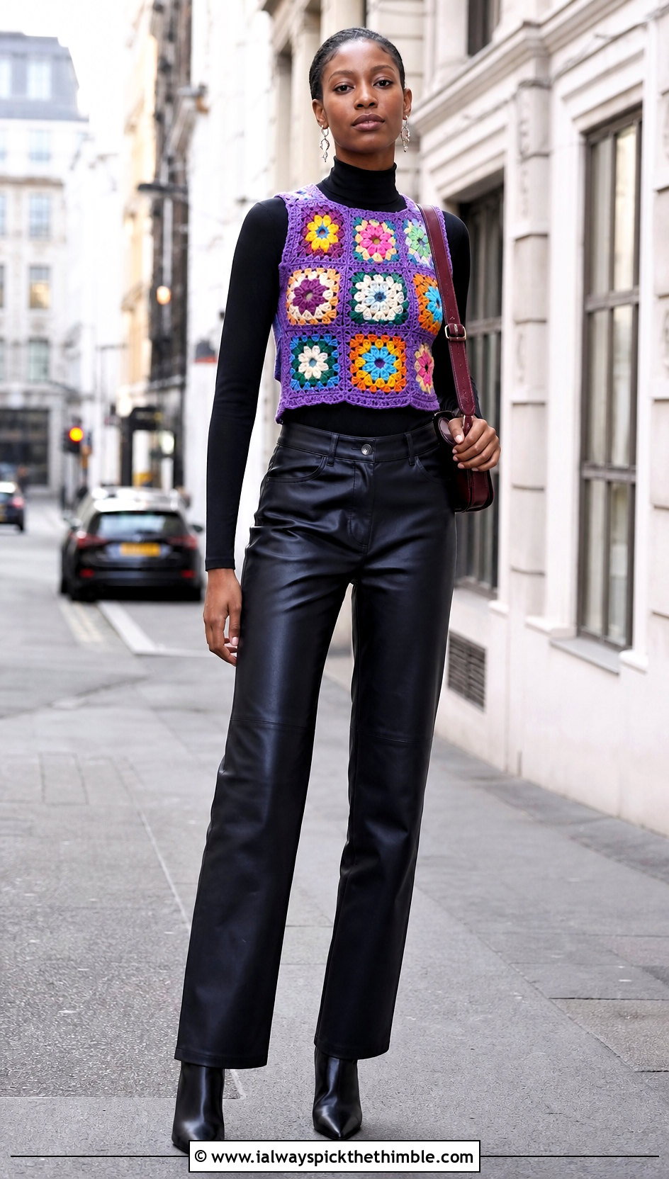 African Flower Square Vest Top With Leather Pants - 15 Flower Crochet Top outfit ideas
