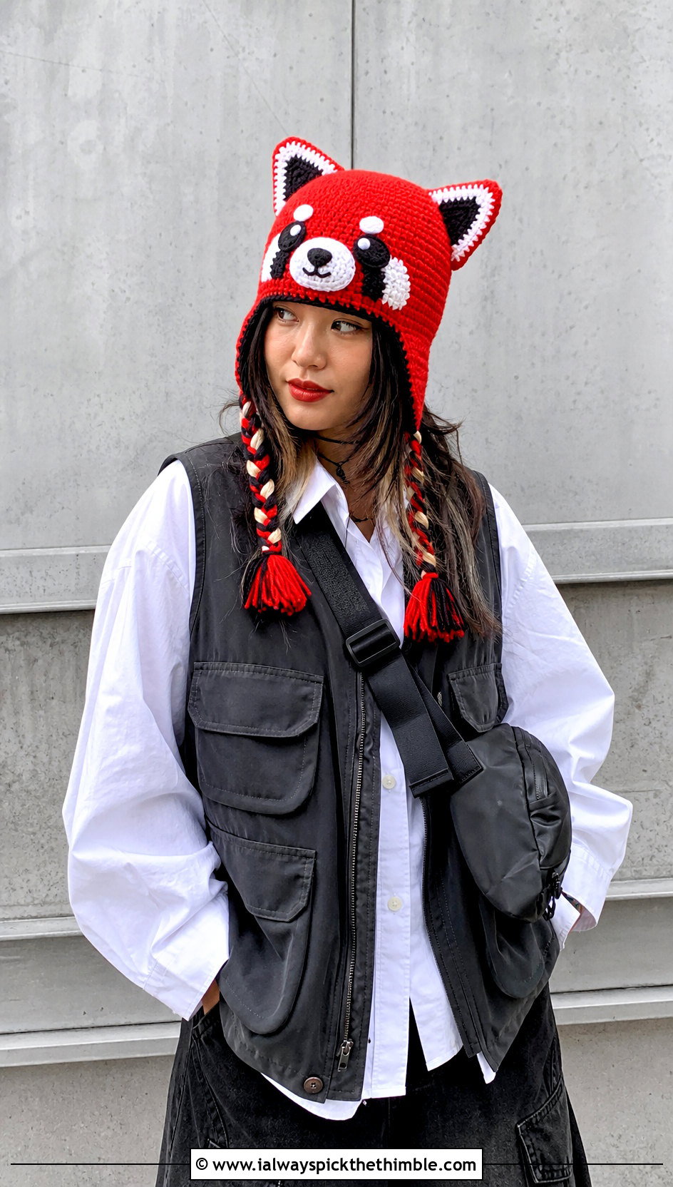Aggretsuko Crochet Red Panda Beanie With Utility Vest - 20 sanrio crochet hat outfit ideas