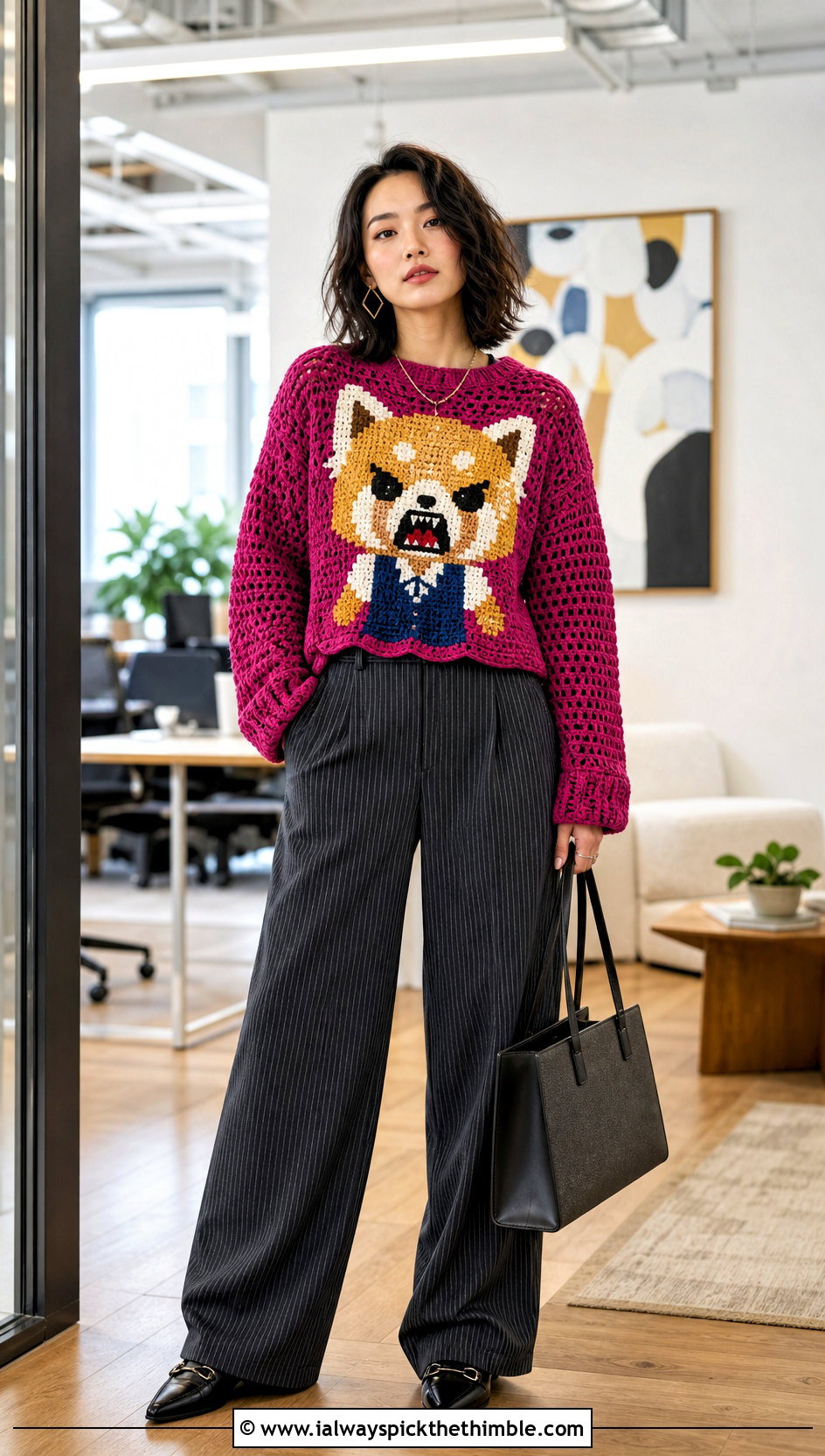 Aggretsuko Crochet Sweater With Pinstripe Pants - 20 Sanrio Crochet Clothes and outfit ideas