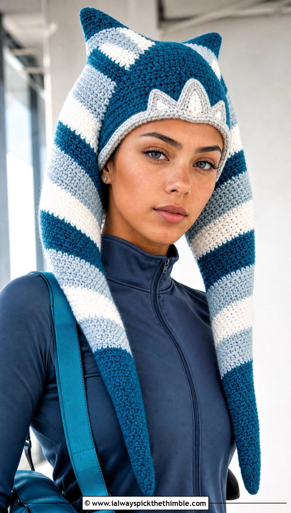 Ahsoka Lekku Crochet Hat With Monochrome Activewear - 15 Star Wars Crochet Hat outfit ideas
