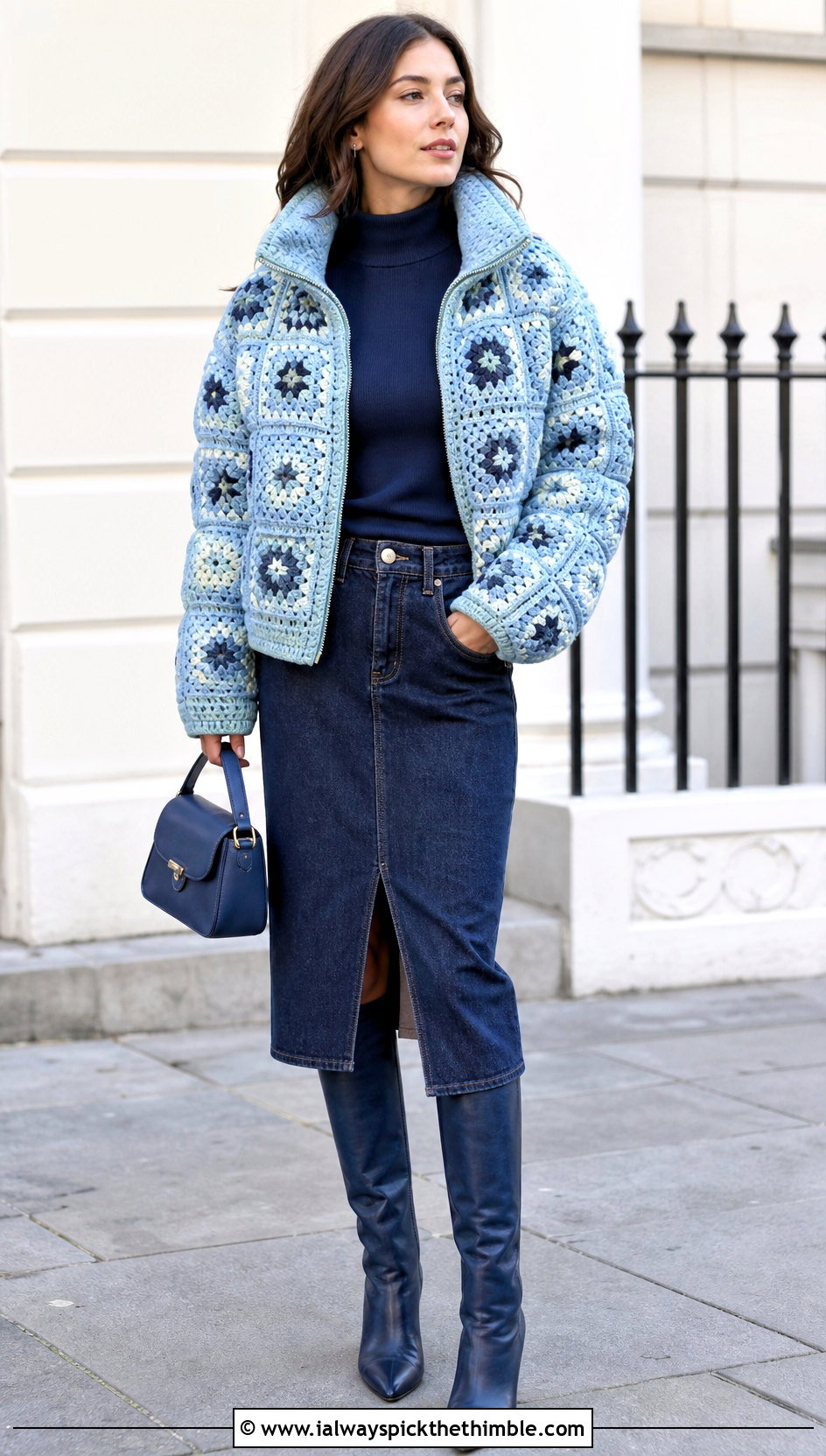 Airy Granny Square Puffer Jacket With Denim Midi Skirt - 15 granny square puffer jacket outfit ideas