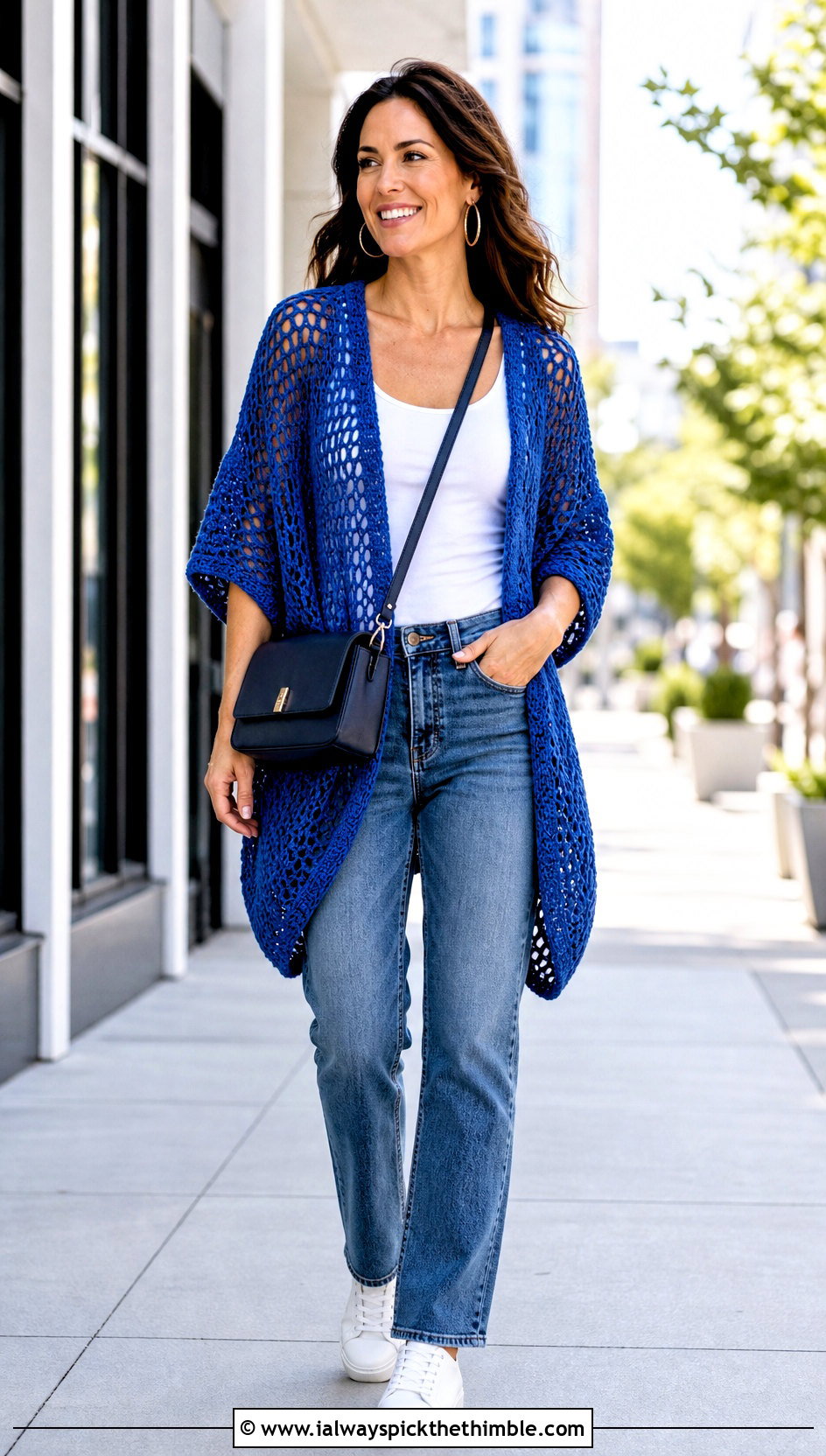Airy Mesh Crochet Cocoon Cardigan With Straight Leg Jeans - 15 Easy Crochet Cocoon Cardigan outfit ideas