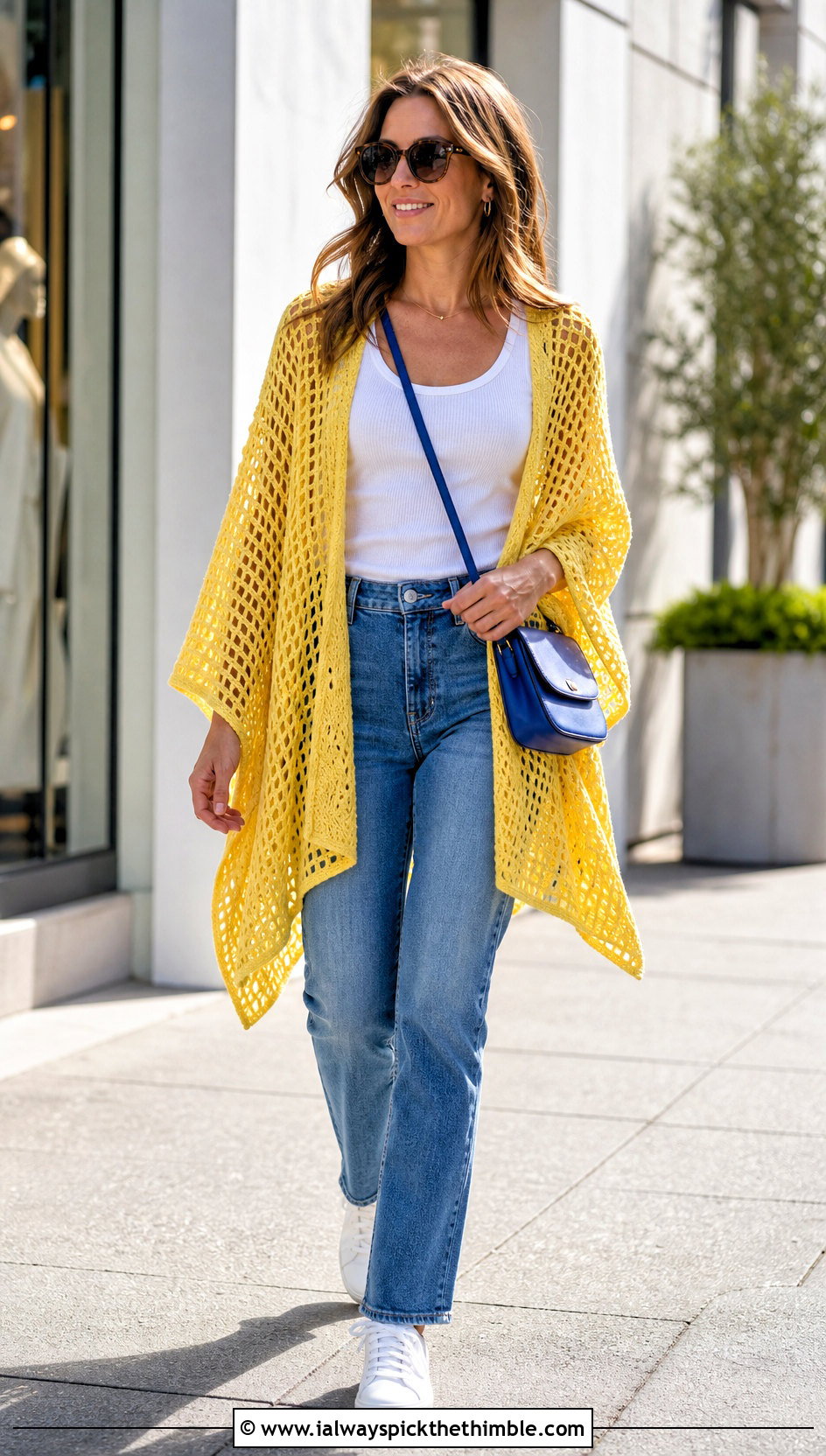 Airy Mesh Crochet Poncho With Straight Leg Jeans - 15 Lightweight Crochet Poncho outfit ideas