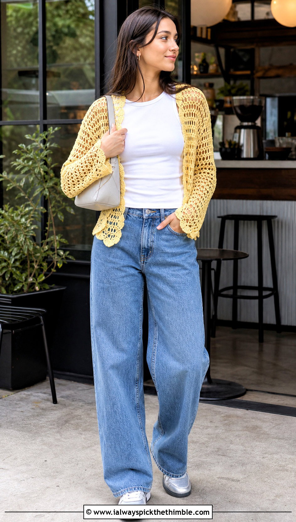 Airy Mesh Crochet Shrug With Wide Leg Jeans - 20 crochet shrug for women outfit ideas