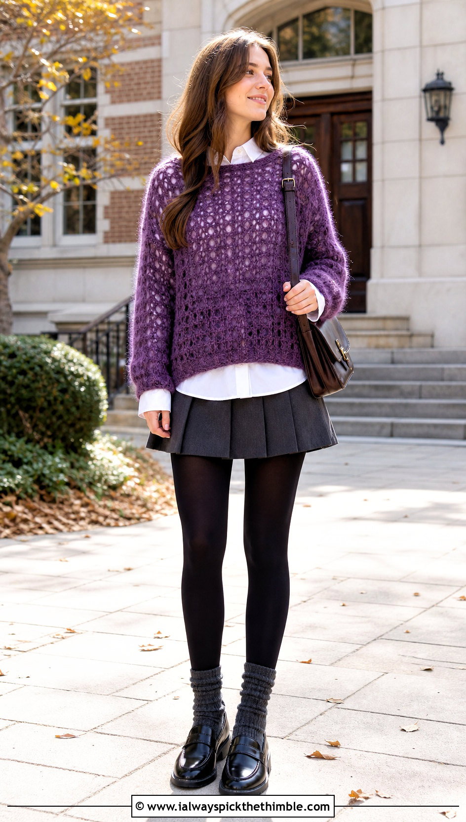 Airy Mohair Look Slouchy Crochet Sweater With Pleated Mini Skirt - 20 slouchy crochet sweater outfit ideas