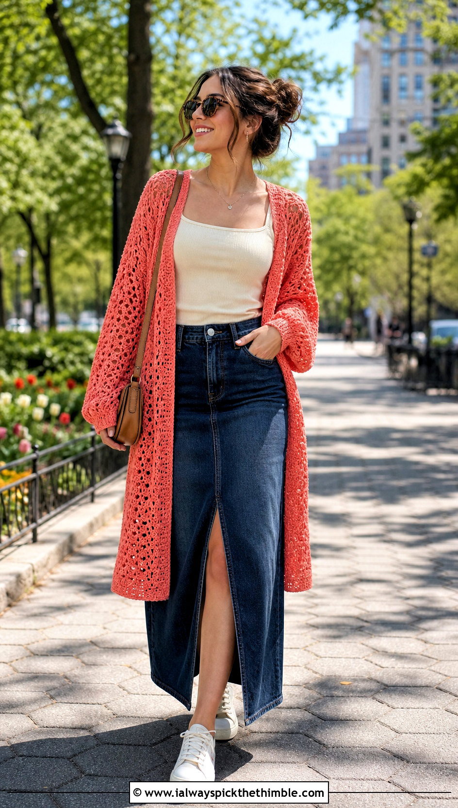 Airy Riverbed Crochet Cardigan With Denim Maxi Skirt - 20 riverbed crochet cardigan outfit ideas