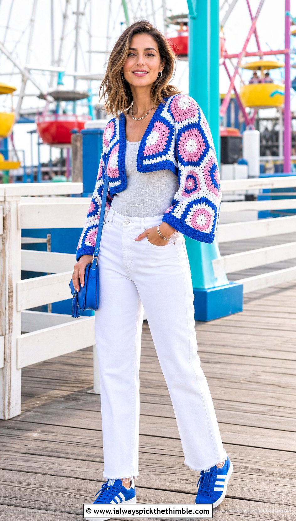 Akaza Cropped Hexagon Crochet Cardigan With White Denim - 25 Demon Slayer Crochet Cardigan outfit ideas