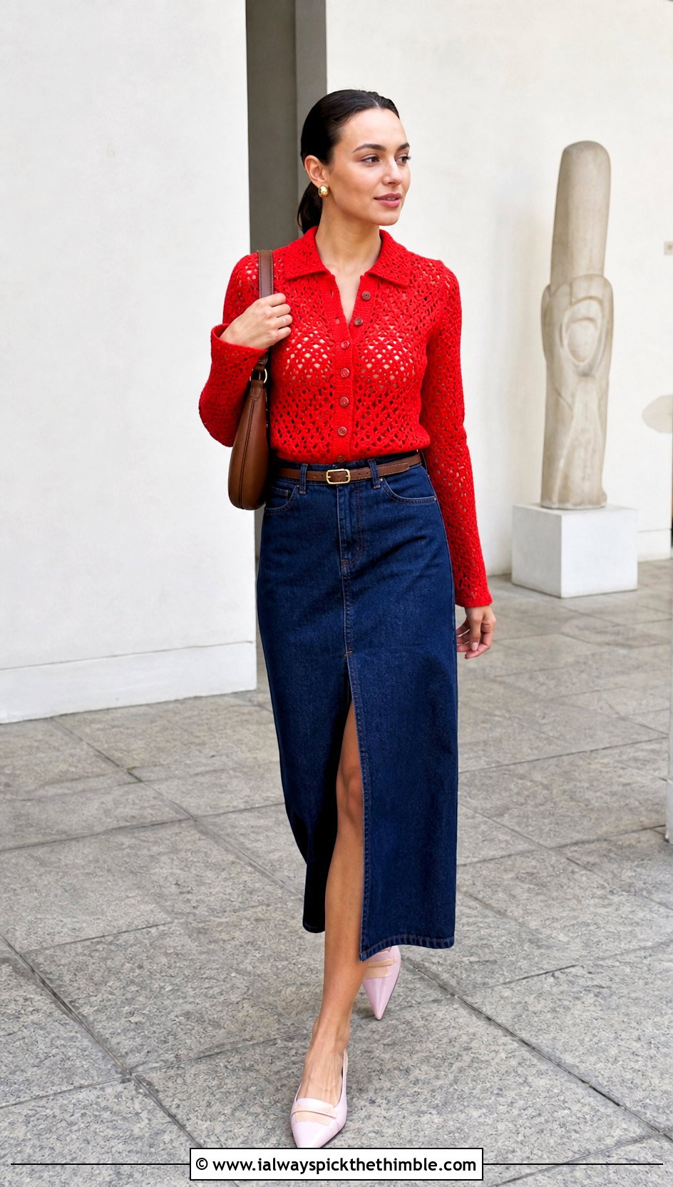 Alice Olivia Collared Crochet Cardigan With Denim Midi Skirt - 15 alice and olivia crochet cardigan outfit ideas